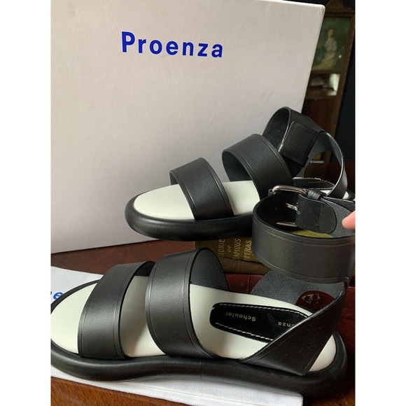 Proenza Schouler Sandals Black Leather Pipe Size 36 Chunky Flat Buckle 695 MSRP - Picture 6 of 14